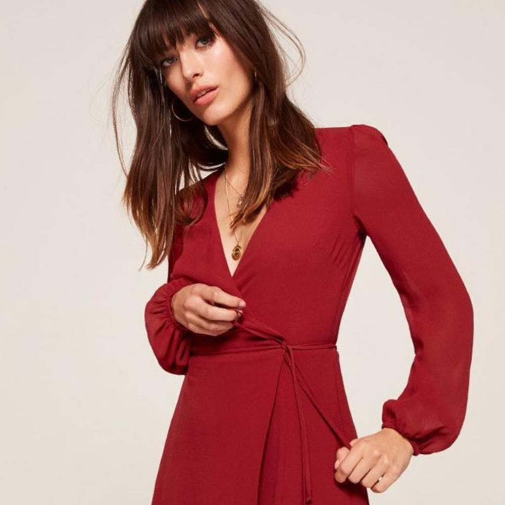 Reformation Red Long Sleeve Mini Wrap Dress XS